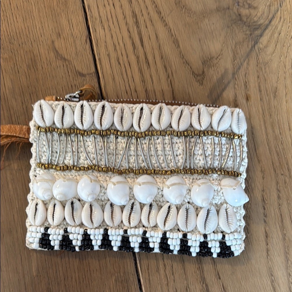 White and Gold Shell Embellished Clutch
